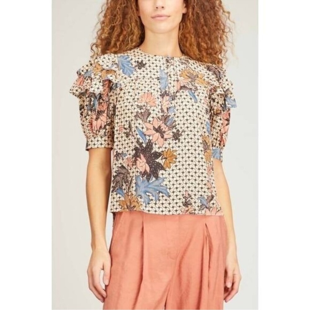 Ulla Johnson • Nova Ruffle-Sleeve Silk Top in Jasmine Print - Picture 15 of 16